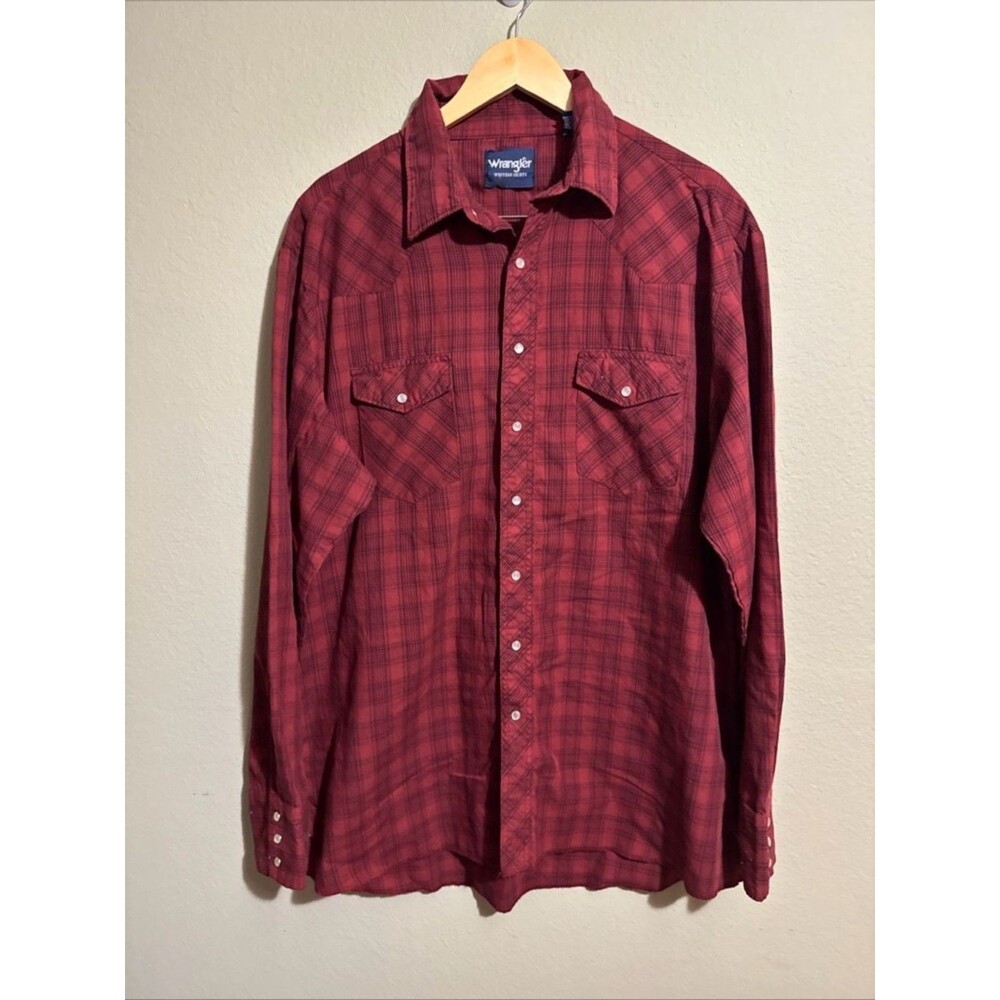 Wrangler Shirt Mens Red Plaid Western Pearl Snap Button Up Long Sleeve Size XLT